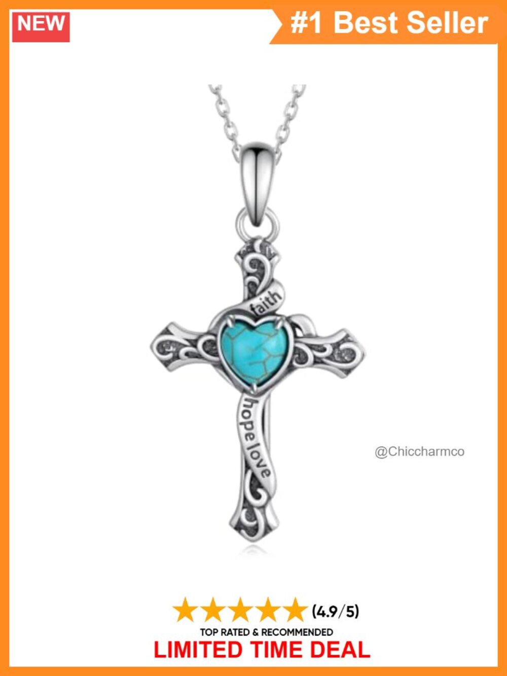 925 Sterling Silver Genuine Turquoise Cross Pendant Necklace Heart